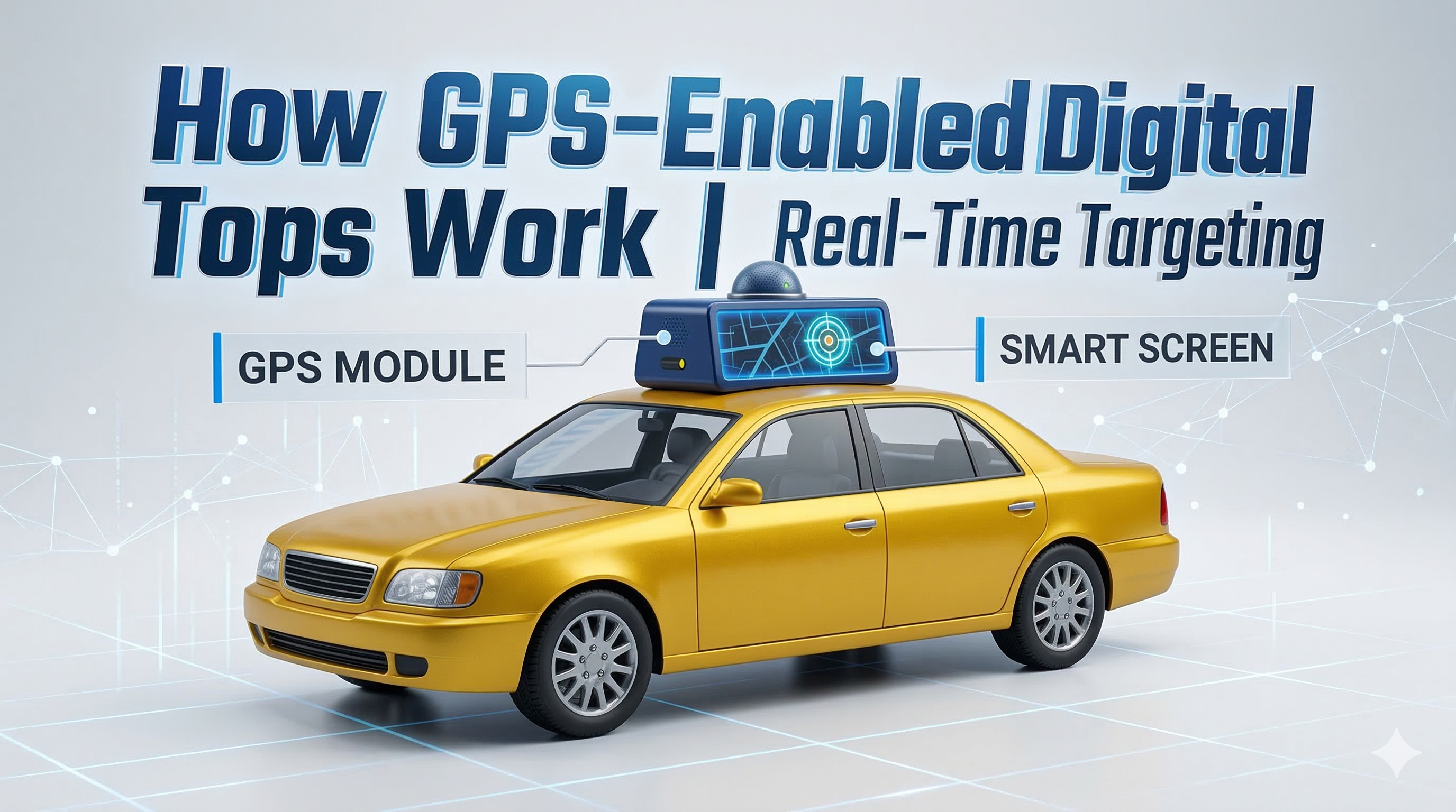 Fleet of yellow vehicles with illuminated digital advertising displays on their rooftops demonstrating fleet-based car advertising at scale