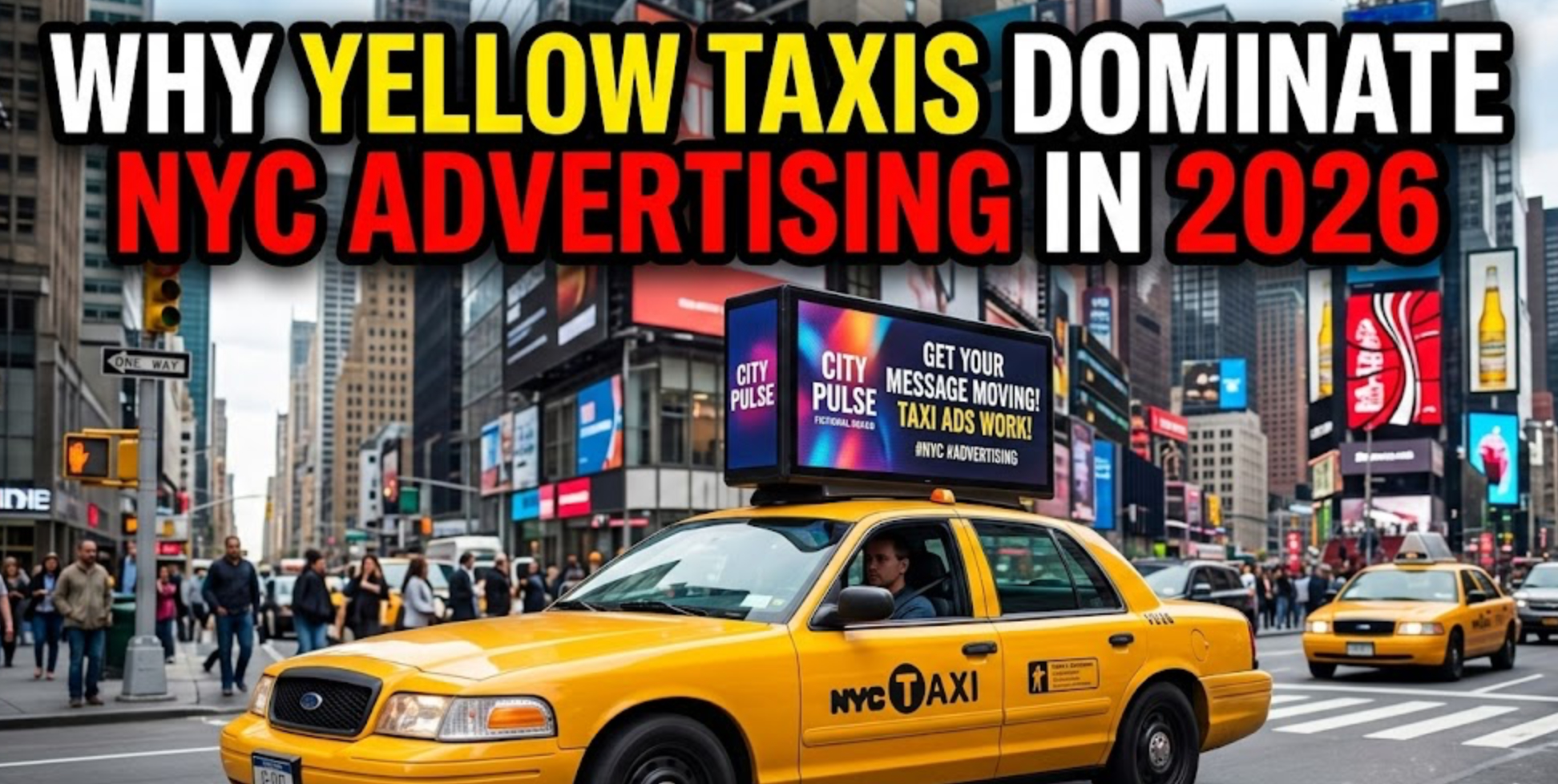 Close-up of a yellow vehicle with bright LED digital advertising display on the rooftop showing a colorful ad